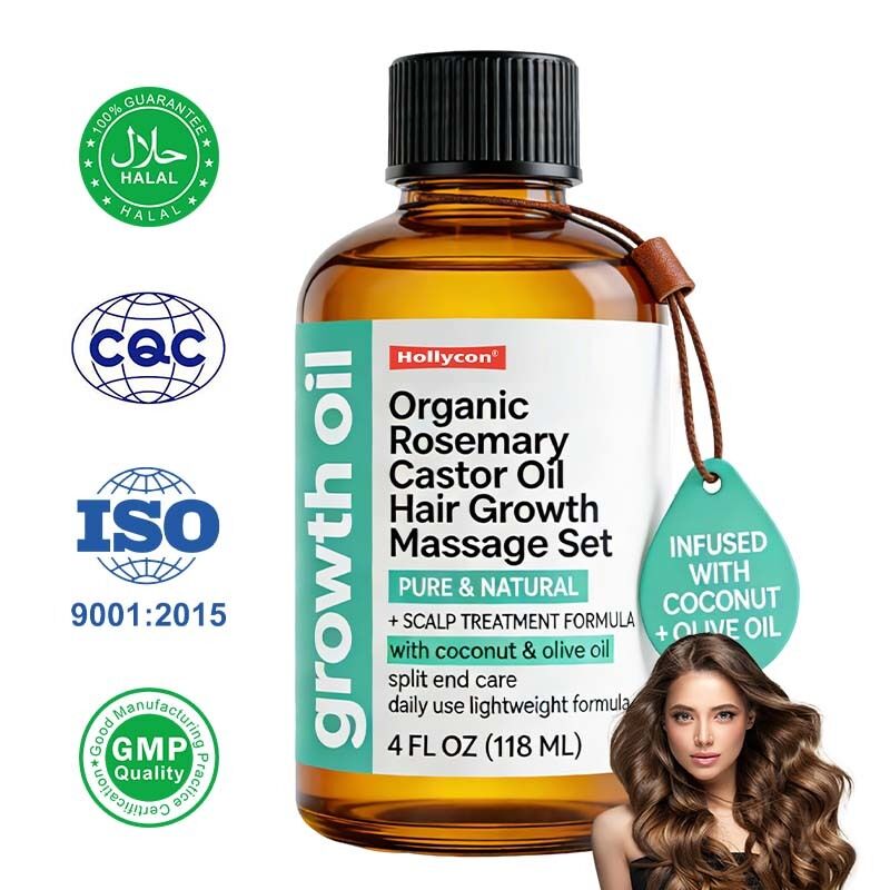 Set de Masaje con Aceite de Romero y Ricino Orgánico para el Crecimiento del Cabello, Cuidado del Cuero Cabelludo, Tratamiento Nutritivo y Cabello Más Grueso y Abundante