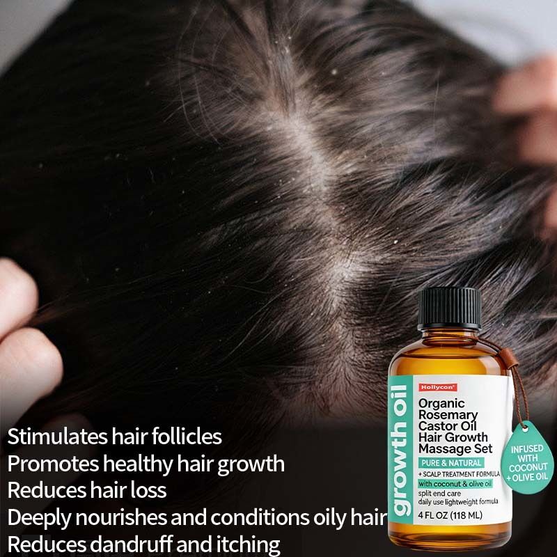 Set de Masaje con Aceite de Romero y Ricino Orgánico para el Crecimiento del Cabello, Cuidado del Cuero Cabelludo, Tratamiento Nutritivo y Cabello Más Grueso y Abundante
