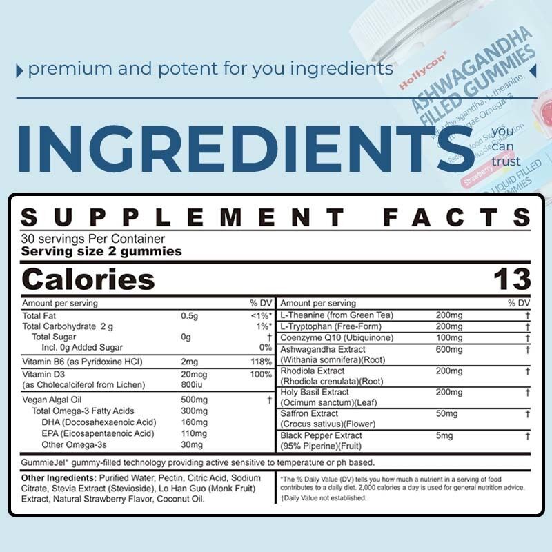 Fabricante Original Suplemento de Bienestar Vitamina D3 Vegana Omega 3 CoQ10 Gomitas de Ashwagandha para Adultos Bienestar Corporal Diario
