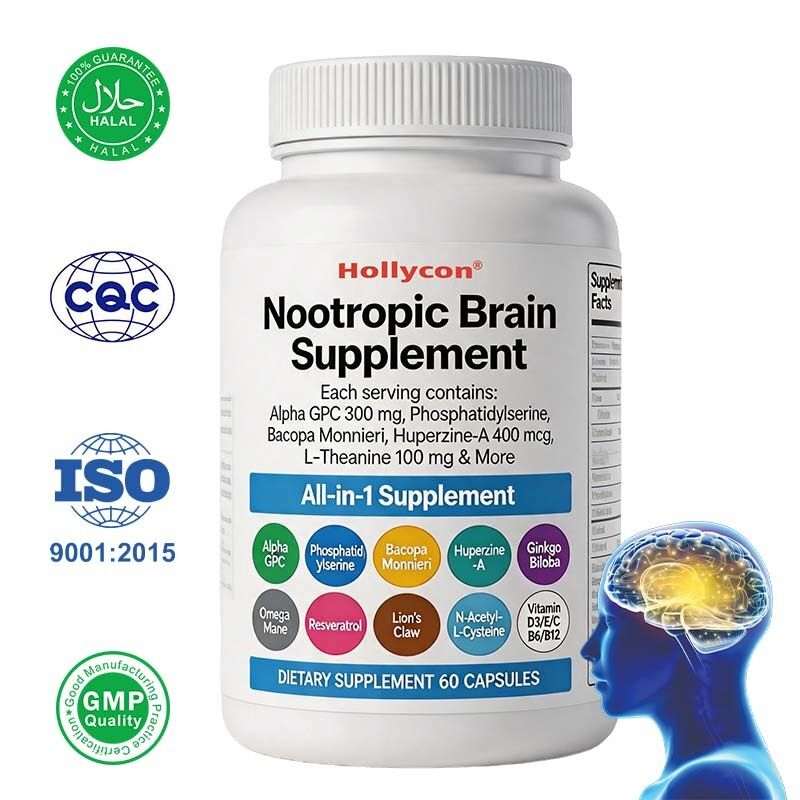 OEM Suplemento nootrópico para el cerebro con alfa GPC, fosfatidilserina y bacopa monnieri apoya la memoria y el enfoque cognitivo y el estado de ánimo