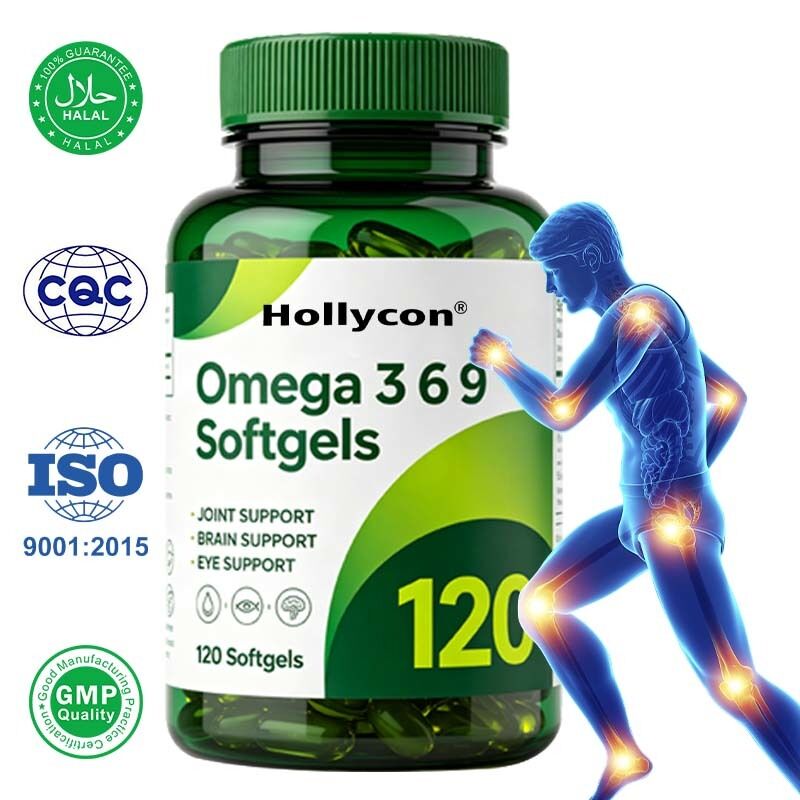 Cápsulas blandas de aceite de pescado Omega 3 6 9 con certificación Halal GMP con fórmula mixta de ácidos grasos esenciales y personalización OEM