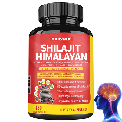 Shilajit Himalayan cápsulas combinadas con Ashwagandha Ginseng Saw Palmetto Maca Tribulus Chaga y Pimienta Negra
