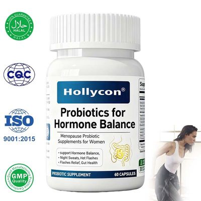 Suplementos probióticos para la menopausia fabricados en fábrica OEM / ODM para mujeres: 60 mil millones de UFC de probióticos Akkermansia para el equilibrio hormonal, sudores nocturnos, alivio de los sofocos, salud intestinal, fórmula personalizada